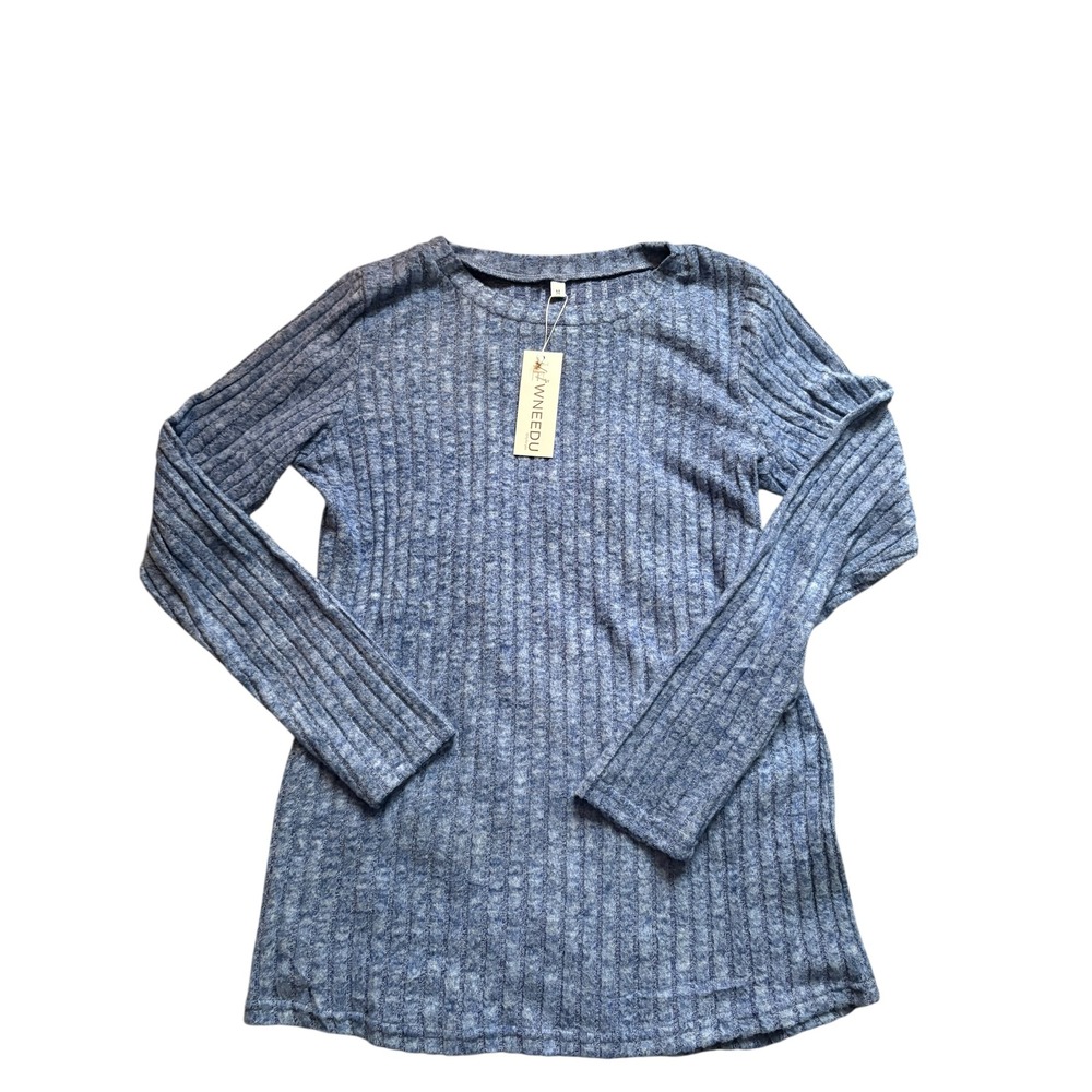 WNEEDU Womens Ribbed Long Sleeve Top Shirt Blue Size M NWT Stretch Knit Casual